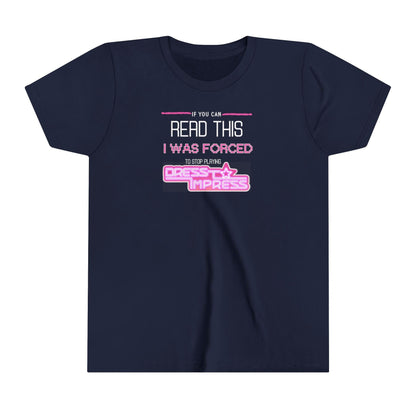 Printify Kids clothes Navy / S If you can read this, I was forced to stop playing Dress to Impress DTI Dress to Impress Roblox Fashion Game Youth Short Sleeve Tee