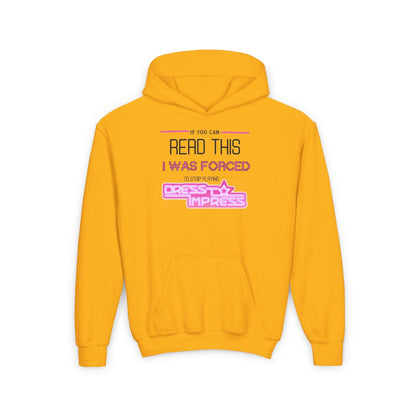 Printify Kids clothes S / Gold If you can read this, I was forced to stop playing Dress to Impress DTI Dress to Impress Roblox Fashion Game Youth Hoodie