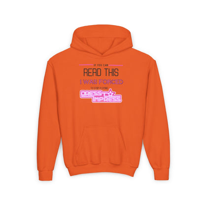 Printify Kids clothes S / Orange If you can read this, I was forced to stop playing Dress to Impress DTI Dress to Impress Roblox Fashion Game Youth Hoodie