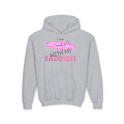 Printify Kids clothes S / Sport Grey I play Dress to Impress with my BADDIES DTI Dress to Impress Roblox Fashion Game Youth Hoodie