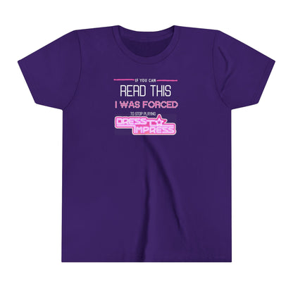 Printify Kids clothes Team Purple / S If you can read this, I was forced to stop playing Dress to Impress DTI Dress to Impress Roblox Fashion Game Youth Short Sleeve Tee